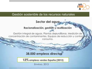 Gestión sostenible de los recursos naturales
12% empleos verdes España (2013)
Enviroo, 2013
12
38.000 empleos directos
Sec...