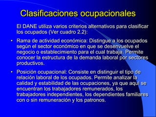 Clasificaciones ocupacionales
  El DANE utiliza varios criterios alternativos para clasificar
  los ocupados (Ver cuadro 2.2):
• Rama de actividad económica: Distingue a los ocupados
  según el sector económico en que se desenvuelve el
  negocio o establecimiento para el cual trabaja. Permite
  conocer la estructura de la demanda laboral por sectores
  productivos.
• Posición ocupacional: Consiste en distinguir el tipo de
  relación laboral de los ocupados. Permite analizar la
  calidad y estabilidad de las ocupaciones, ya que aquí se
  encuentran los trabajadores remunerados, los
  trabajadores independientes, los dependientes familiares
  con o sin remuneración y los patronos.
 