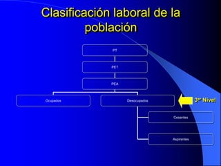 Clasificación laboral de la
         población
             PT



             PET



             PEA



Ocupados           Desocupados                3er Nivel


                                 Cesantes




                                 Aspirantes
 
