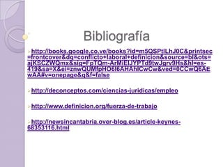 Bibliografía
http://books.google.co.ve/books?id=m5QSPtILhJ0C&printsec
=frontcover&dq=conflicto+laboral+definicion&source=bl&ots=
ajKSCZWQmx&sig=FpTQm-ArMiEIJYPTd9twJgrv9Hs&hl=es-
419&sa=X&ei=znwQUMfpHO6I6AHAhICwCw&ved=0CCwQ6AE
wAA#v=onepage&q&f=false

http://deconceptos.com/ciencias-juridicas/empleo


http://www.definicion.org/fuerza-de-trabajo


http://newsincantabria.over-blog.es/article-keynes-
68353116.html
 