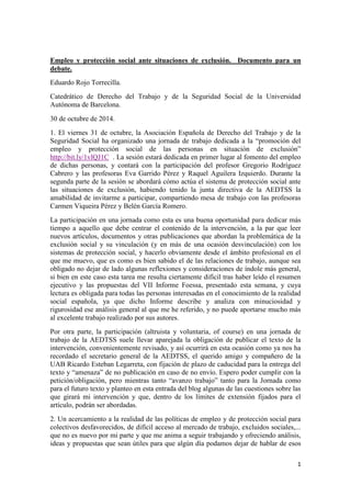 1 
Empleo y protección social ante situaciones de exclusión. Documento para un debate. Eduardo Rojo Torrecilla. Catedrátic...