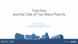 Test Fest
and the Tale of Too Many Post-its
Sarah Arnold
Content Strategy Librarian
 