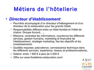 Métiers de l’hôtellerie
• Directeur d’établissement
– Peut-être accompagné d’un directeur d’hébergement et d’un
directeur de la restauration pour les grands hôtels
– Responsabilités diffèrent entre un hôtel familial et l’hôtel de
chaine: Groupe Accord,…..
– Missions: centralise les informations, coordonne les différents
services, gestion humaine, marketing et financière de
l’établissement, stratégie marketing, fixe les objectifs et les
investissements.
– Qualités requises: polyvalence, connaissance technique dans
les différents services, expérience, réseau et professionnalisme,.
– Salaire: entre 1 500 € à plus de 4 000 €
– Offre sur www.lhotellerie-restauration.com/
 