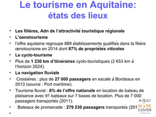 Le tourisme en Aquitaine:
états des lieux
• Les filières, Adn de l’attractivité touristique régionale
• L’oenotourisme
• l’offre aquitaine regroupe 889 établissements qualifiés dans la filière
œnotourisme en 2014 dont 87% de propriétés viticoles
• Le cyclo-tourisme
• Plus de 1 230 km d’itinéraires cyclo-touristiques (2 653 km à
l’horizon 2024).
• La navigation fluviale
• Croisières : plus de 27 000 passagers en escale à Bordeaux en
2013 (source : Port maritime).
• Tourisme fluvial : 6% de l’offre nationale en location de bateau de
plaisance avec 91 bateaux sur 7 bases de location. Plus de 7 000
passagers transportés (2011).
• Bateaux de promenade : 279 230 passagers transportés (2011).
•
 
