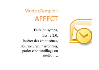 Mode	d’emploi:	
AFFECT	
Faire du sympa,
Ecrire 2.0,
Insérer des émoticônes,
Sourire d’un marronnier,
parler embouteillage ou
météo ….
 