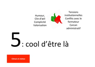 5:	cool	d’être	là	
Humour,	
Clin	d’œil	
Complicité	
Valorisation	
Tensions	
institutionnelles	
Conflits	avec	le	
formateur	
Carcan	
administratif	
	
	
Climat	et	méteo	
	
 