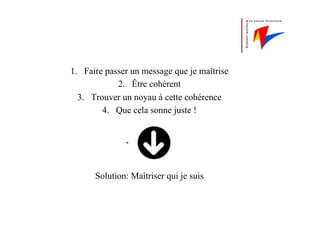 1.  Faire passer un message que je maîtrise
2.  Être cohérent
3.  Trouver un noyau à cette cohérence
4.  Que cela sonne juste !
Solution: Maîtriser qui je suis
 