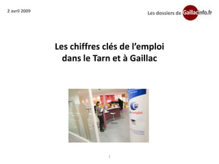2 avril 2009                           Les dossiers de




               Les chiffres clés de l’emploi
                 dans le Tarn et à Gaillac




                             1
 