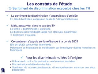 Les constats de l’étude
 Sentiment de discrimination exacerbé chez les TH
 Le sentiment de discrimination n’apparait pas d’emblée
En début d’entretien, expression de doute / d’incompréhension
 Mais, assez vite, dans le cas des TH
Le terme « discrimination » est utilisé
Le discours est revendicatif (aides non obtenues, notamment)
 Sentiment d’injustice
 Ce sentiment s’appuie sur la référence à la Loi de 2005
Elle est plutôt connue des interviewés :
Perception de l’obligation de mobilisation par l’employeur d’aides humaines et
techniques
 Pour les discriminations liées à l’origine
• Utilisation du mot « discrimination » est rare voir inexistant
• Discrimination relatée dans les faits
• Sentiment de non-reconnaissance, d’incompréhension commun aux deux
populations
 