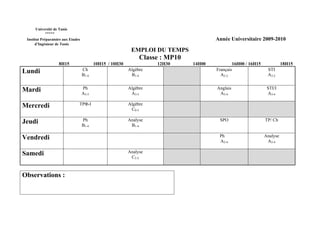 Université de Tunis
           *****
 Institut Préparatoire aux Etudes                                                       Année Universitaire 2009-2010
      d’Ingénieur de Tunis
                                                            EMPLOI DU TEMPS
                                                                Classe : MP10
                    8H15                   10H15 / 10H30             12H30      14H00           16H00 / 16H15             18H15
Lundi                               Ch                     Algèbre                      Français                 STI
                                    B1-4                    B1-4                          A3-2                   A3-2


Mardi                               Ph                     Algèbre                      Anglais                  STI/I
                                    A3-5                    A3-5                         A3-4                    A3-4

Mercredi                        TPΦ-I                      Algèbre
                                                            C0-5

Jeudi                               Ph                     Analyse                       SPO                    TP/ Ch
                                    B1-4                    B1-4

Vendredi                                                                                 Ph                     Analyse
                                                                                         A2-4                    A2-4

Samedi                                                     Analyse
                                                            C2-2



Observations :
 