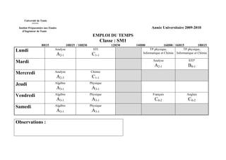 Université de Tunis
           *****
 Institut Préparatoire aux Etudes                                                       Année Universitaire 2009-2010
    d’Ingénieur de Tunis
                                                           EMPLOI DU TEMPS
                                                                 Classe : SM1
                    8H15                 10H15 / 10H30                12H30     14H00              16H00 / 16H15          18H15
Lundi                          Analyse                     STI                          TP physique,           TP physique,
                                A2-1                      C1-1                     Informatique et Chimie Informatique et Chimie

Mardi                                                                                    Analyse                   STI*
                                                                                          A2-1                    B0-1
Mercredi                       Analyse                   Chimie
                                A2-3                      C1-1
Jeudi                          Algèbre                   Physique
                                A3-1                      A3-1
Vendredi                       Algèbre                   Physique                        Français                Anglais
                                A3-1                      A3-1                             C0-2                   C0-2
Samedi                         Algèbre                   Physique
                                A3-1                      A3-1

Observations :
 