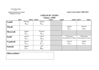 Université de Tunis
           *****
 Institut Préparatoire aux Etudes                                                      Année Universitaire 2009-2010
    d’Ingénieur de Tunis
                                                         EMPLOI DU TEMPS
                                                               Classe : SM5
                    8H15               10H15 / 10H30                12H30     14H00               16H00 / 16H15              18H15
Lundi                          Physique                Analyse
                                A2-2                    C2-1
Mardi                                                                                   Algèbre                   Physique
                                                                                         C2-1                      A2-2
Mercredi                       Algèbre                 Physique
                                    C2-1                A2-2
Jeudi                          Analyse                 Chimie                         TP physique,             TP physique,
                                    C2-1                A2-4                     Informatique et Chimie   Informatique et Chimie

Vendredi                       Analyse                   STI                            Français                  Anglais
                                    C2-1                C1-1                             C0-3                      C0-3
Samedi                         Algèbre                  STI*
                                    C2-1                B0-1

Observations :
 