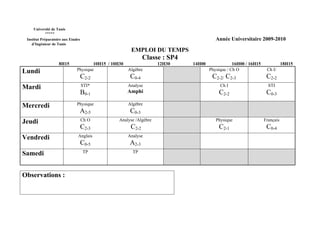 Université de Tunis
           *****
 Institut Préparatoire aux Etudes                                                        Année Universitaire 2009-2010
    d’Ingénieur de Tunis
                                                        EMPLOI DU TEMPS
                                                               Classe : SP4
                    8H15               10H15 / 10H30                 12H30    14H00               16H00 / 16H15              18H15
Lundi                          Physique                Algèbre                        Physique / Ch O              Ch I/
                                    C2-2                C0-4                           C2-2/ C2-3                  C2-2
Mardi                               STI*               Analyse                             Ch I                     STI
                                    B0-1               Amphi                              C2-2                     C0-3
Mercredi                       Physique                Algèbre
                                A2-5                    C0-3
Jeudi                               Ch O          Analyse /Algèbre                       Physique                 Français
                                    C2-3                C2-2                              C2-1                     C0-4
Vendredi                       Anglais                 Analyse
                                    C0-5               A2-3
Samedi                              TP                   TP




Observations :
 