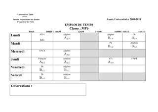Université de Tunis
           *****
 Institut Préparatoire aux Etudes                                                          Année Universitaire 2009-2010
      d’Ingénieur de Tunis
                                                             EMPLOI DU TEMPS
                                                                    Classe : MP6
                    8H15                    10H15 / 10H30                12H30     14H00             16H00 / 16H15             18H15
Lundi                               STI/I                   Algèbre                        Anglais                     Ch
                                                            A2-3                            B1-4                      B1-4
                                    Info
Mardi                                                                                        Ph                      Analyse
                                                                                            B1-2                      B1-2
Mercredi                        TP Ch                       Algèbre
                                                            A3-6
Jeudi                          Français                     Analyse                          STI                     TPΦ-I
                                AS-2                        AS-2                            A3-4
Vendredi                             Ph                     Algèbre
                                    B1-2                     B1-2
Samedi                               Ph                     Analyse
                                    B1-3                     B1-3

Observations :
 