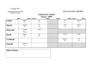 Université de Tunis
           *****
 Institut Préparatoire aux Etudes                                                        Année Universitaire 2009-2010
      d’Ingénieur de Tunis
                                                           EMPLOI DU TEMPS
                                                                  Classe : MP9
                    8H15                   10H15 / 10H30               12H30     14H00             16H00 / 16H15              18H15
Lundi                          Algèbre                     Ch                              STI                     Français
                                B1-3                       B1-3                            A3-1                      A3-1

Mardi                          Algèbre                     Ph                              STI/I                   Anglais
                                A3-4                       A3-4                            A3-3                     A3-3

Mercredi                       Algèbre                     TPΦ-I
                                    C0-5
Jeudi                          Analyse                     Ph                             TP/ Ch                    SPO
                                B1-3                       B1-3

Vendredi                                                                                 Analyse                     Ph
                                                                                           A2-3                      A2-3

Samedi                         Analyse
                                C2-2



Observations :
 