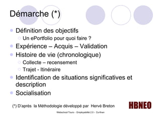 Démarche (*) Définition des objectifs Un ePortfolio pour quoi faire ?  Expérience – Acquis – Validation  Histoire de vie (chronologique)  Collecte – recensement  Trajet - Itinéraire Identification de situations significatives et description Socialisation  (*) D’après  la Méthodologie développé par  Hervé Breton 