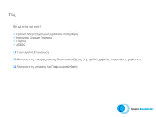 Πώς


 Get out in the real world !

      Πρακτική άσκηση/προσωρινή ή part-time απασχόληση
      Internships/ Graduate Programs
      Εrasmus
      AIESEC

      Eπαγγελματική Επιμόρφωση

      Αξιοποιείστε τις ευκαιρίες που σας δίνουν οι σπουδές σας (π.χ. ομαδικές εργασίες, παρουσιάσεις, projects κτλ.

      Αξιοποιείστε τις υπηρεσίες του Γραφείου Διασύνδεσης
 
