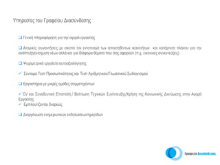 Υπηρεσίες του Γραφείου Διασύνδεσης


    Γενική πληροφόρηση για την αγορά εργασίας

    Ατομικές συναντήσεις με σκοπό τον εντοπισμό των αποκτηθέντων ικανοτήτων και κατάρτιση πλάνου για την
  ανάπτυξη/ενίσχυση νέων αλλά και για διάφορα θέματα που σας αφορούν (π.χ. εικονικές συνεντεύξεις)

    Ψυχομετρικά εργαλεία αυτοαξιολόγησης

    Σύντομα Τεστ Προσωπικότητας και Τεστ Αριθμητικού/Γλωσσικού Συλλογισμού

    Εργαστήρια με μικρές ομάδες συμμετεχόντων

    CV και Συνοδευτική Επιστολή./ Βελτίωση Τεχνικών Συνέντευξης/Χρήση της Κοινωνικής Δικτύωσης στην Αγορά
  Εργασίας
     Εμπλουτίζονται διαρκώς

    Διοργάνωση ενημερωτικών εκδηλώσεων/ημερίδων
 