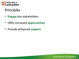 Principles
• Engage key stakeholders

• Offer increased opportunities

• Provide enhanced support
 