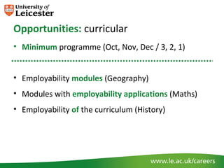 Opportunities: curricular
• Minimum programme (Oct, Nov, Dec / 3, 2, 1)


• Employability modules (Geography)
• Modules with employability applications (Maths)
• Employability of the curriculum (History)
 
