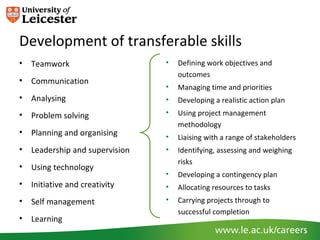 Development of transferable skills
•   Teamwork                     •   Defining work objectives and
                                     outcomes
•   Communication
                                 •   Managing time and priorities
•   Analysing                    •   Developing a realistic action plan
•   Problem solving              •   Using project management
                                     methodology
•   Planning and organising      •   Liaising with a range of stakeholders
•   Leadership and supervision   •   Identifying, assessing and weighing
                                     risks
•   Using technology
                                 •   Developing a contingency plan
•   Initiative and creativity    •   Allocating resources to tasks
•   Self management              •   Carrying projects through to
                                     successful completion
•   Learning
 