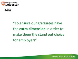 Aim


      “To ensure our graduates have
      the extra dimension in order to
      make them the stand out choice
      for employers”
 