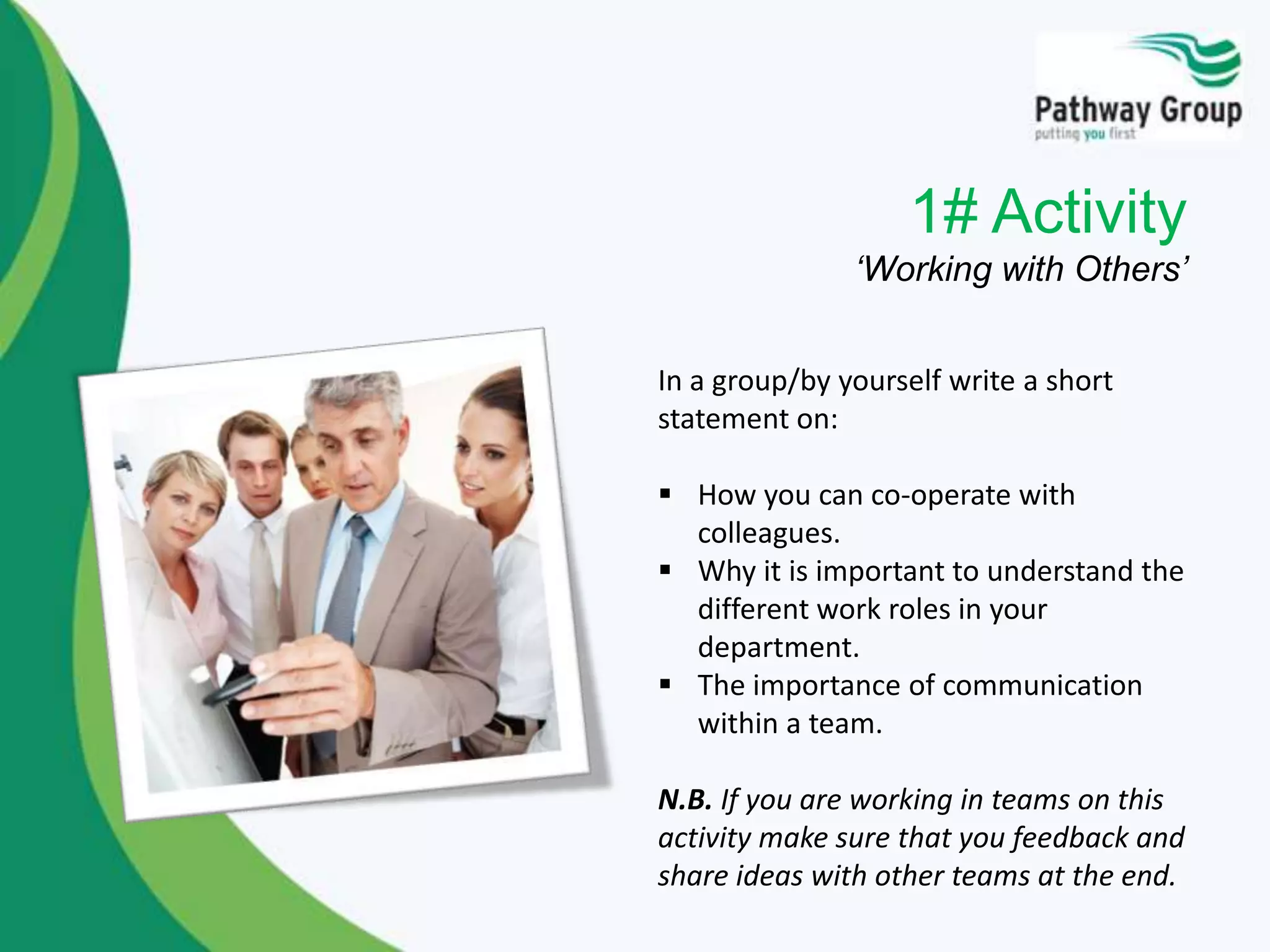 In a group/by yourself write a short
statement on:
 How you can co-operate with
colleagues.
 Why it is important to understand the
different work roles in your
department.
 The importance of communication
within a team.
N.B. If you are working in teams on this
activity make sure that you feedback and
share ideas with other teams at the end.
1# Activity
‘Working with Others’
 