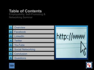 Table of Contents
    Employability, Self-Promoting &
    Networking Seminar


✓    1   Overview
✓    2   Facebook
✓    3   LinkedIn
✓    4   Twitter
✓    5   YouTube
✓    6   Social Networking
✓    7   Conclusion
✓    8   Questions
 