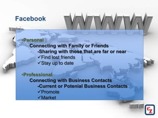Facebook


 •Personal
    Connecting with Family or Friends
       -Sharing with those that are far or near
       Find lost friends
       Stay up to date

 •Professional
    Connecting with Business Contacts
        -Current or Potenial Business Contacts
        Promote
        Market
 