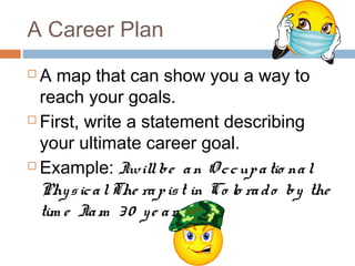 A Career Plan
 A map that can show you a way to
reach your goals.
 First, write a statement describing
your ultimate career goal.
 Example: Iwillbe an O ccupatio nal
PhysicalThe rapist in Co lo rado by the
tim e Iam 30 ye ars o ld.
 