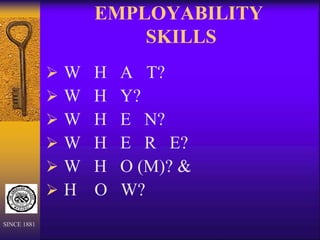 EMPLOYABILITY
SKILLS
 W H A T?
 W H Y?
 W H E N?
 W H E R E?
 W H O (M)? &
 H O W?
SINCE 1881
 