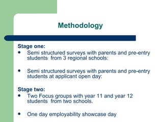 Methodology Stage one:  Semi structured surveys with parents and pre-entry students  from 3 regional schools: Semi structured surveys with parents and pre-entry students at applicant open day: Stage two: Two Focus groups with year 11 and year 12 students  from two schools. One day employability showcase day 