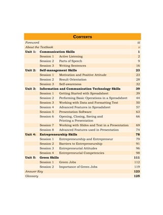 Contents
Foreword iii
About the Textbook v
Unit 1: Communication Skills 1
Session 1 Active Listening 2
Session 2 Parts of Speech 9
Session 3 Writing Sentences 16
Unit 2: Self-management Skills 23
Session 1 Motivation and Positive Attitude 23
Session 2 Result Orientation 28
Session 3 Self-awareness 32
Unit 3: Information and Communication Technology Skills 39
Session 1 Getting Started with Spreadsheet 39
Session 2 Performing Basic Operations in a Spreadsheet 44
Session 3 Working with Data and Formatting Text 50
Session 4 Advanced Features in Spreadsheet 57
Session 5 Presentation Software 63
Session 6 Opening, Closing, Saving and
Printing a Presentation
66
Session 7 Working with Slides and Text in a Presentation 69
Session 8 Advanced Features used in Presentation 74
Unit 4: Entrepreneurship Skills 78
Session 1 Entrepreneurship and Entrepreneur 79
Session 2 Barriers to Entrepreneurship 91
Session 3 Entrepreneurial Attitudes 96
Session 4 Entrepreneurial Competencies 98
Unit 5: Green Skills 111
Session 1 Green Jobs 112
Session 2 Importance of Green Jobs 119
Answer Key 123
Glossary 125
 