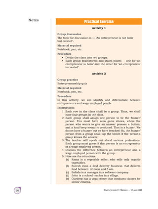 Employability Skills – Class XII
90
Practical Exercise
Activity 1
Group discussion
The topic for discussion is — ‘An entrepreneur is not born
but created’.
Material required
Notebook, pen, etc.
Procedure
• Divide the class into two groups.
• Each group brainstorms and states points — one for ‘an
entrepreneur is born’ and the other for ‘an entrepreneur
is created’.
Activity 2
Group practice
Entrepreneurship quiz
Material required
Notebook, pen, etc.
Procedure
In this activity, we will identify and differentiate between
entrepreneurs and wage employed people.
Instructions
1. Each row in the class shall be a group. Thus, we shall
have four groups in the class.
2. Each group shall assign one person to be the ‘buzzer’
person. You must have seen game shows, where the
person who wants to give an answer presses a button,
and a loud beep sound is produced. That is a buzzer. We
do not have a buzzer but we have benches! So, the ‘buzzer’
person from a group shall tap the bench if the person’s
group knows the answer.
3. The teacher will speak out aloud various professions.
Each group must guess if that person is an entrepreneur
or a wage employed person.
4. Discuss the difference between an entrepreneur and a
wage employed person with the group.
5. Here are the situations.
(a) Rama is a vegetable seller, who sells only organic
vegetables.
(b) Suresh runs a food delivery business that delivers
food between 12 noon and 5 am.
(c) Sahida is a manager in a software company.
(d) John is a school teacher in a village.
(e) Gurdeep has a yoga centre that conducts classes for
senior citizens.
Notes
 