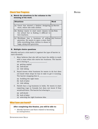 Entrepreneurship Skills 95
A. Match the situations in the columns to the
meaning of the word.
Situations Word
(a) Gauri has started a fashion designing
store, where she sells clothes.
(i) Barrier
(b) Akshay wants to start more classes in
his school but is finding it difficult to
hire teachers.
(ii) Risk
(c) Shubham has a business of selling
groceries. He wants to open a store that
sells everything from clothes to shoes to
bags, along with groceries.
(iii) Venture
B. Multiple choice questions
Identify and put a tick mark () against the type of barrier in
each situation.
1. Mary believes that she will not have the ability to work
with a team when she starts her business. The barrier
she is facing is _____________________.
(a) getting capital
(b) self-doubt
(c) risk taking
2. Sayed knows what business he wants to do but does
not know what steps he has to take to get it running.
The barrier stopping him is _____________________.
(a) building the right team
(b) lack of plan
(c) risk taking
3. Harish has a rug business in India. He wants to start
exporting rugs to Canada but does not know if they
would sell there. The barrier he is facing is _____________.
(a) self‑doubt
(b) lack of plan
(c) selecting the right business idea
What have you learnt?
After completing this Session, you will be able to:
• identify barriers and fears related to becoming
an entrepreneur.
Check Your Progress Notes
 