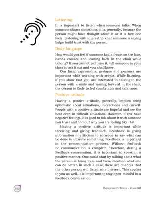 Employability Skills – Class XII
102
Listening
It is important to listen when someone talks. When
someone shares something, it is, generally, because the
person might have thought about it or it is how one
feels. Listening with interest to what someone is saying
helps build trust with the person.
Body language
How would you feel if someone had a frown on the face,
hands crossed and leaning back in the chair while
talking? If you cannot picturise it, tell someone in your
class to act it out and you shall know.
Our facial expressions, gestures and postures are
important while working with people. While listening,
if you show that you are interested in talking to the
person with a smile and leaning forward in the chair,
the person is likely to feel comfortable and talk more.
Positive attitude
Having a positive attitude, generally, implies being
optimistic about situations, interactions and oneself.
People with a positive attitude are hopeful and see the
best even in difficult situations. However, if you have
negative feelings, it is good to talk about it with someone
you trust and find out why you are feeling like that.
Having a positive attitude is important while
receiving and giving feedback. Feedback is giving
information or criticism to someone to say what can
be done to improve something. Feedback is important
in the communication process. Without feedback
no communication is complete. Therefore, during a
feedback conversation, it is important to speak in a
positive manner. One could start by talking about what
the person is doing well, and then, mention what one
can do better. In such a case, there are chances that
the other person will listen with interest. This applies
to you as well. It is important to stay open‑minded in a
feedback conversation
 