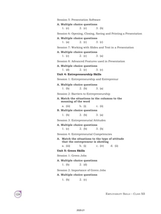 Employability Skills – Class XII
124
Session 5: Presentation Software
A. Multiple choice questions
1. (c) 2. (c) 3. (b)
Session 6: Opening, Closing, Saving and Printing a Presentation
A. Multiple choice questions
1. (a) 2. (c) 3. (c)
Session 7: Working with Slides and Text in a Presentation
A. Multiple choice questions
1. (c) 2. (c) 3. (a)
Session 8: Advanced Features used in Presentation
A. Multiple choice questions
1. (d) 2. (c) 3. (c)
Unit 4: Entrepreneurship Skills
Session 1: Entrepreneurship and Entreprenur
A. Multiple choice questions
1. (b) 2. (b) 3. (a)
Session 2: Barriers to Entrepreneurship
A. Match the situations in the columns to the
meaning of the word
a. (iii) b. (i) c. (ii)
B. Multiple choice questions
1. (b) 2. (b) 3. (a)
Session 3: Entrepreneurial Attitudes
A. Multiple choice questions
1. (c) 2. (b) 3. (b)
Session 4: Entrepreneurial Competencies
A. Match the situations to the type of attitude
that the entrepreneur is showing
a. (iii) b. (i) c. (iv) d. (ii)
Unit 5: Green Skills
Session 1: Green Jobs
A. Multiple choice questions
1. (b) 2. (d)
Session 2: Importance of Green Jobs
A. Multiple choice questions
1. (b) 2. (c)
2020-21
 