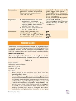 Communication Skills 13
Conjunctions Conjunctions are words that join
two nouns, phrases or sentences.
Some common conjunctions are
‘and’, ‘or’ and ‘but’.
Instead of – Sheela went to the
market. I went to the market.
Sheela and I went to the market.
Instead of – Do you want oranges?
Do you want apples?
Do you want oranges or apples?
Prepositions • Prepositions connect one word
with another to show the
relationship between them. They,
usually, answer the questions
‘where’, ‘when’ and ‘how’.
• Some common prepositions are
‘on’, ‘at’, ‘under’ and ‘in’.
The cat is on the roof.
The shop is at the end of the road.
Rahul is standing under the tree.
I live in Delhi.
Interjections These words express strong
emotions, such as happiness,
surprise, anger or pain. They have
an exclamation mark at the end.
Wow!
Oh!
Oh no!
Thanks!
Help!
Practical Exercise
The teacher will facilitate these activities by showing you the
e-learning lesson at http://www.psscive.ac.in/Employability_
Skills.html. This will include videos and e-content for the above
topics, as well as, detailed instructions for the following activities.
Initial thinking activity
After watching the initial video in the e-learning lesson for this
topic, write down what do you think was wrong with Seema’s letter.
Activity 1
Group practice
Identifying ‘parts of speech’
Material required
Notebook, pen, etc.
Procedure
• Form groups of four students each. Read aloud the
paragraph given below.
“on sunday, i have an appointment to meet dr. patel in delhi.
myhouseisneardr.patelscliniciwenttoashopneartheclinic
on friday to buy vegetables I bought potatoes onions carrots
and a cabbage dr. patel is a friendly man have you met him”
• This paragraph contains examples of parts of speech that
you have learnt about in this Session. Identify as many parts
of speech as you can and mark them. Discuss what was
difficult in this activity. Write the paragraph with correct
capitalisation and punctuation. A member of one group
 