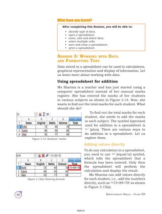 Employability Skills – Class XII
50
What have you learnt?
After completing this Session, you will be able to:
• identify type of data.
• open a spreadsheet.
• enter, edit and delete data.
• select multiple cells.
• save and close a spreadsheet.
• print a spreadsheet.
Session 3: Working with Data
and Formatting Text
Data stored in a spreadsheet can be used in calculations,
graphical representation and display of information. Let
us learn more about working with data.
Using spreadsheet for addition
Ms Sharma is a teacher and has just started using a
computer spreadsheet instead of her manual marks
register. She has entered the marks of her students
in various subjects as shown in Figure 3.14. Now, she
wants to find out the total marks for each student. What
should she do?
To find out the total marks for each
student, she needs to add the marks
in each subject. The symbol (operator)
used for addition in a spreadsheet is
‘+’ (plus). There are various ways to
do addition in a spreadsheet. Let us
explore them.
Adding values directly
To do any calculation in a spreadsheet,
you need to use ‘=’ (equal‑to) symbol,
which tells the spreadsheet that a
formula has been entered. Only then
the spreadsheet will perform the
calculation and display the result.
Ms Sharma can add values directly
for each student, i.e., add the numbers
directly, such as ‘=73+89+78’ as shown
in Figure 3.15(a).
Figure 3.15(a): Entering formula
Figure 3.14: Students’ marks
2020-21
 