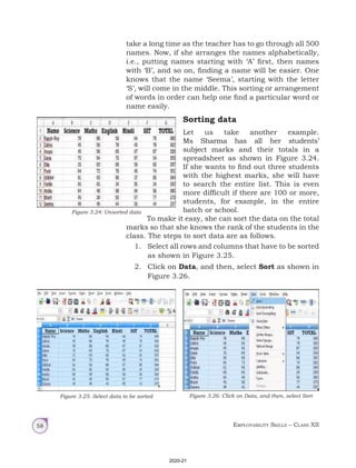 Employability Skills – Class XII
58
take a long time as the teacher has to go through all 500
names. Now, if she arranges the names alphabetically,
i.e., putting names starting with ‘A’ first, then names
with ‘B’, and so on, finding a name will be easier. One
knows that the name ‘Seema’, starting with the letter
‘S’, will come in the middle. This sorting or arrangement
of words in order can help one find a particular word or
name easily.
Sorting data
Let us take another example.
Ms Sharma has all her students’
subject marks and their totals in a
spreadsheet as shown in Figure 3.24.
If she wants to find out three students
with the highest marks, she will have
to search the entire list. This is even
more difficult if there are 100 or more,
students, for example, in the entire
batch or school.
To make it easy, she can sort the data on the total
marks so that she knows the rank of the students in the
class. The steps to sort data are as follows.
1. Select all rows and columns that have to be sorted
as shown in Figure 3.25.
2. Click on Data, and then, select Sort as shown in
Figure 3.26.
Figure 3.24: Unsorted data
Figure 3.25: Select data to be sorted Figure 3.26: Click on Data, and then, select Sort
2020-21
 