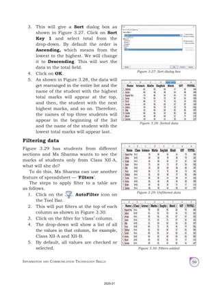 Information and Communication Technology Skills 59
3. This will give a Sort dialog box as
shown in Figure 3.27. Click on Sort
Key 1 and select total from the
drop-down. By default the order is
Ascending, which means from the
lowest to the highest. We will change
it to Descending. This will sort the
data in the total field.
4. Click on OK.
5. As shown in Figure 3.28, the data will
get rearranged in the entire list and the
name of the student with the highest
total marks will appear at the top,
and then, the student with the next
highest marks, and so on. Therefore,
the names of top three students will
appear in the beginning of the list
and the name of the student with the
lowest total marks will appear last.
Filtering data
Figure 3.29 has students from different
sections and Ms Sharma wants to see the
marks of students only from Class XII-A,
what will she do?
To do this, Ms Sharma can use another
feature of spreadsheet — ‘Filters’.
The steps to apply filter to a table are
as follows.
1. Click on the AutoFilter icon on
the Tool Bar.
2. This will put filters at the top of each
column as shown in Figure 3.30.
3. Click on the filter for ‘class’ column.
4. The drop-down will show a list of all
the values in that column, for example,
Class XII-A and XII-B.
5. By default, all values are checked or
selected.
Figure 3.27: Sort dialog box
Figure 3.28: Sorted data
Figure 3.29: Unfiltered data
Figure 3.30: Filters added
2020-21
 