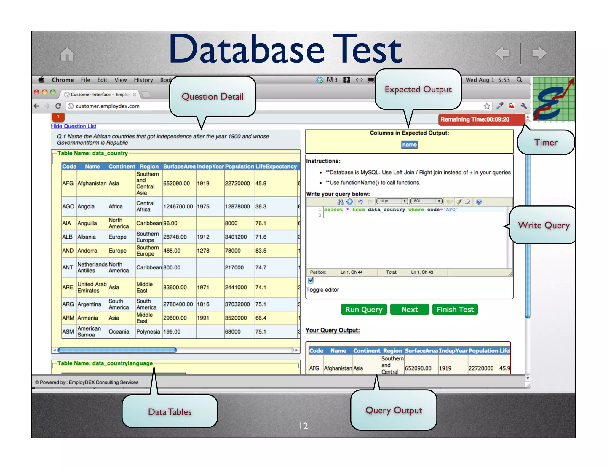 Database Test
                                   Expected Output
        Question Detail



                                                        Timer




                                                     Write Query




Data Tables                    Query Output
                          12
 