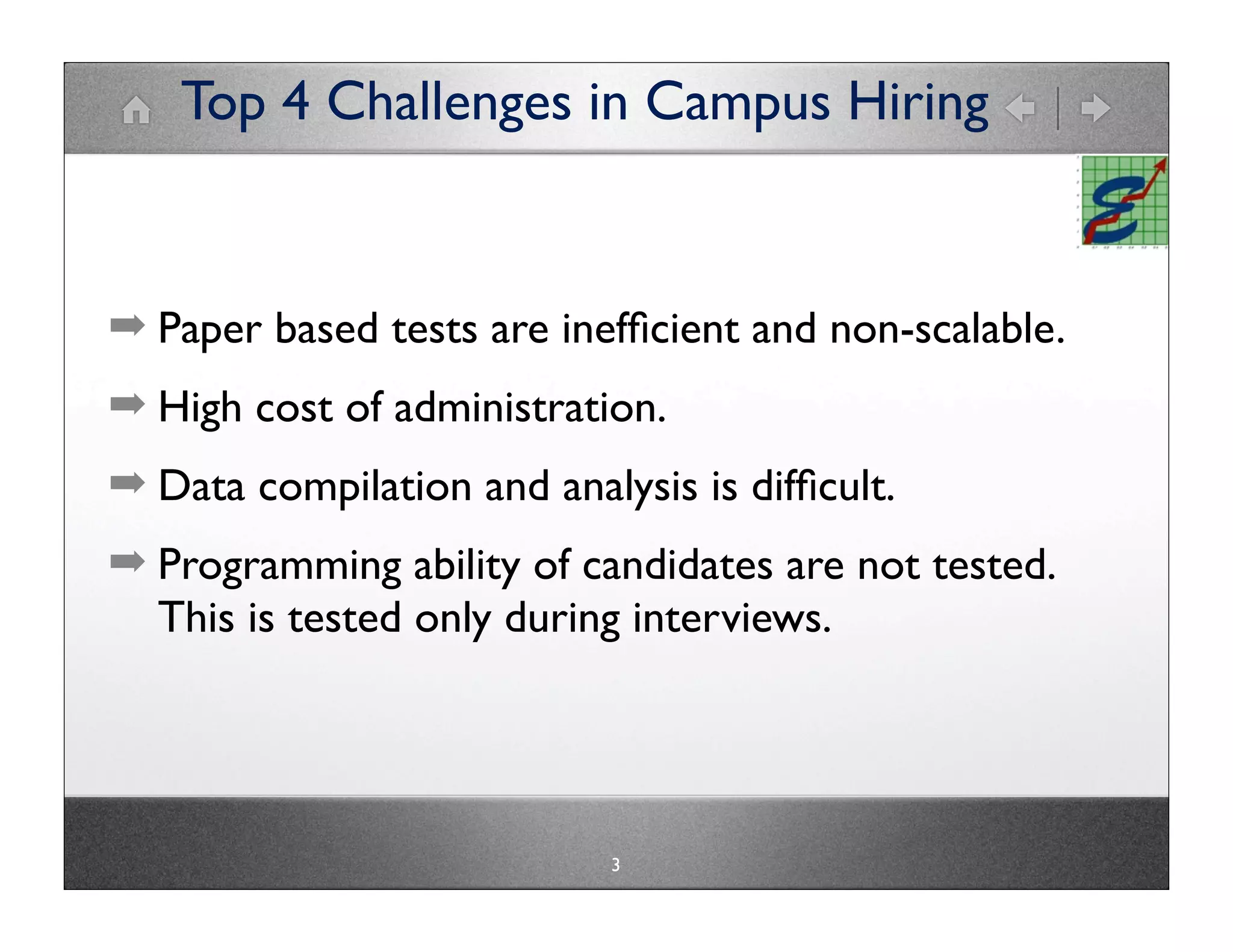 Top 4 Challenges in Campus Hiring


➡ Paper based tests are inefﬁcient and non-scalable.
➡ High cost of administration.
➡ Data compilation and analysis is difﬁcult.
➡ Programming ability of candidates are not tested.
  This is tested only during interviews.




                            3
 