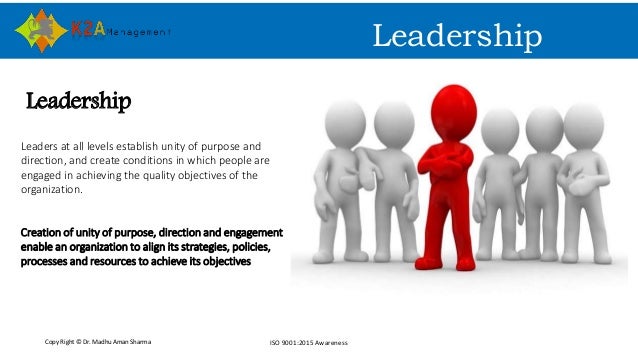 Copy Right © Dr. Madhu Aman Sharma ISO 9001:2015 Awareness
Leadership
Leadership
Leaders at all levels establish unity of ...