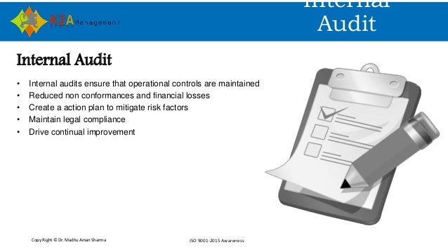 Copy Right © Dr. Madhu Aman Sharma ISO 9001:2015 Awareness
Internal
Audit
Internal Audit
• Internal audits ensure that ope...