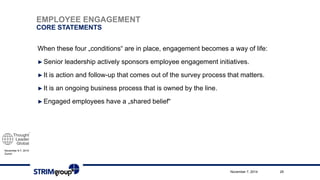 November 6-7, 2014 
ZurichEMPLOYEEENGAGEMENTCORE STATEMENTS 
Whenthesefour„conditions“ arein place, engagementbecomesa wayoflife: 
►Senior leadershipactivelysponsorsemployeeengagementinitiatives. 
►Itisactionandfollow-upthatcomesout ofthesurveyprocessthatmatters. 
►Itisan ongoingbusinessprocessthatisownedbytheline. 
►Engagedemployeeshavea „sharedbelief“ 
November 7, 2014 29 
 