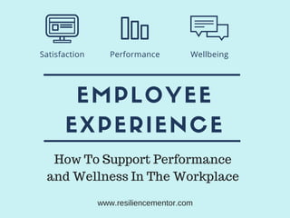 EMPLOYEE
EXPERIENCE
Satisfaction Performance Wellbeing
How To Support Performance
and Wellness In The Workplace
www.resiliencementor.com
 