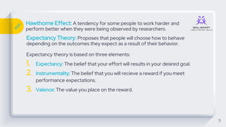 Hawthorne Effect: A tendency for some people to work harder and
perform better when they were being observed by researchers.
1. Expectancy: The belief that your effort will results in your desired goal.
2. Instrumentality: The belief that you will recieve a reward if you meet
performance expectations.
3. Valence: The value you place on the reward.
11
Expectancy Theory: Proposes that people will choose how to behave
depending on the outcomes they expect as a result of their behavior.
Expectancy theory is based on three elements:
 