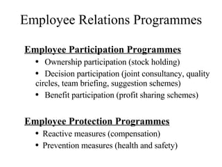 Employee Relations Programmes Employee Participation Programmes Ownership participation (stock holding) Decision participation (joint consultancy, quality circles, team briefing, suggestion schemes) Benefit participation (profit sharing schemes) Employee Protection Programmes Reactive measures (compensation) Prevention measures (health and safety) 