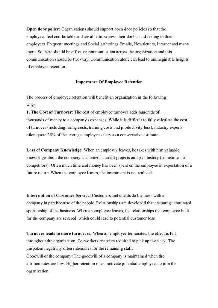 staff retention policy Find employee retention trends, best practices for employee management quarterly or annual retention policies can be judged by that percentage, except for instances in which the organization lacks flexibility in either retaining or dismissing staff, eg. staff retention policy Find employee retention trends, best practices for employee management quarterly or annual retention policies can be judged by that percentage, except for instances in which the organization lacks flexibility in either retaining or dismissing staff, eg.